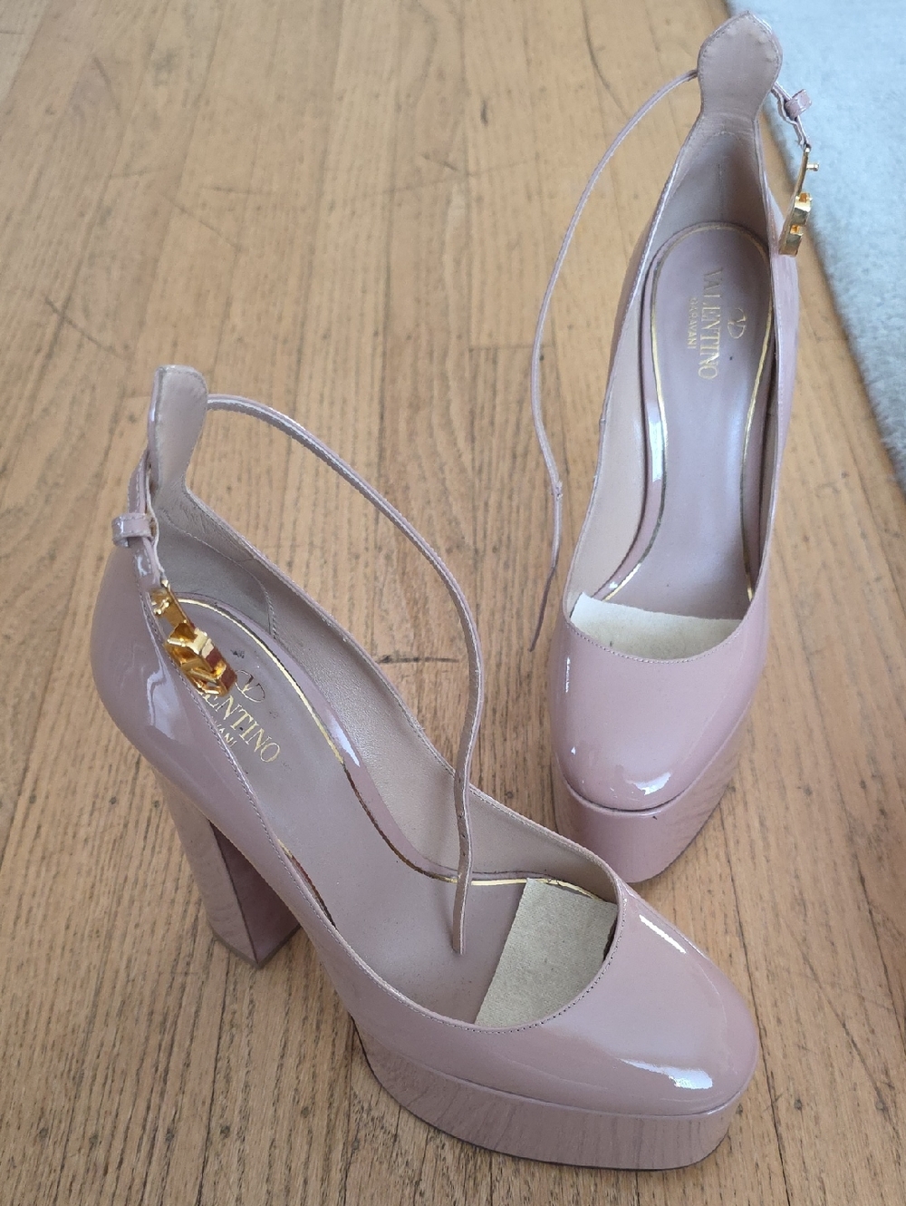 Valentino Garavani Blush Patent Leather Platform Pumps with Ankle Gold Strap
